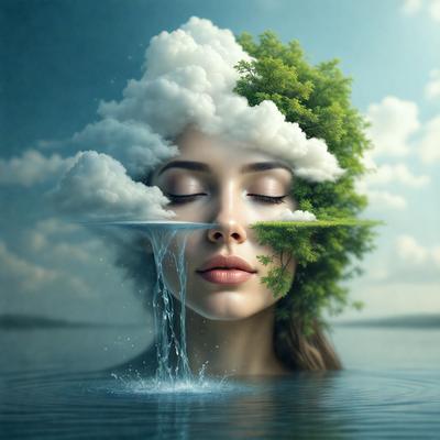 The primary subject of the image is a woman with a tree growing out of her head. The setting is a body of water, with clouds in the background. The visual style is a digital art or illustration, creating a surreal and dreamy atmosphere. The colors are predominantly blue and white, with the woman's hair being a vibrant red.